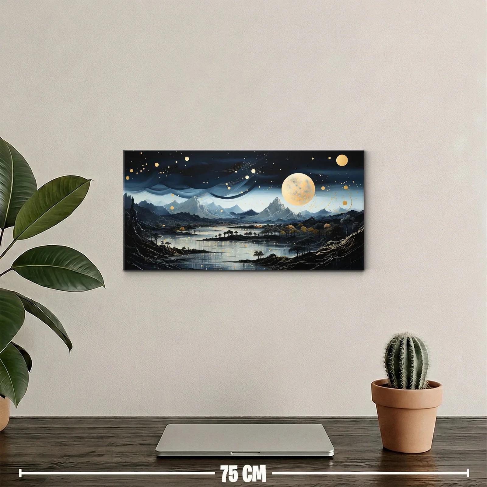 Cuadro paisaje montañoso nocturno con luna llena y orbes dorados — miniatura 2