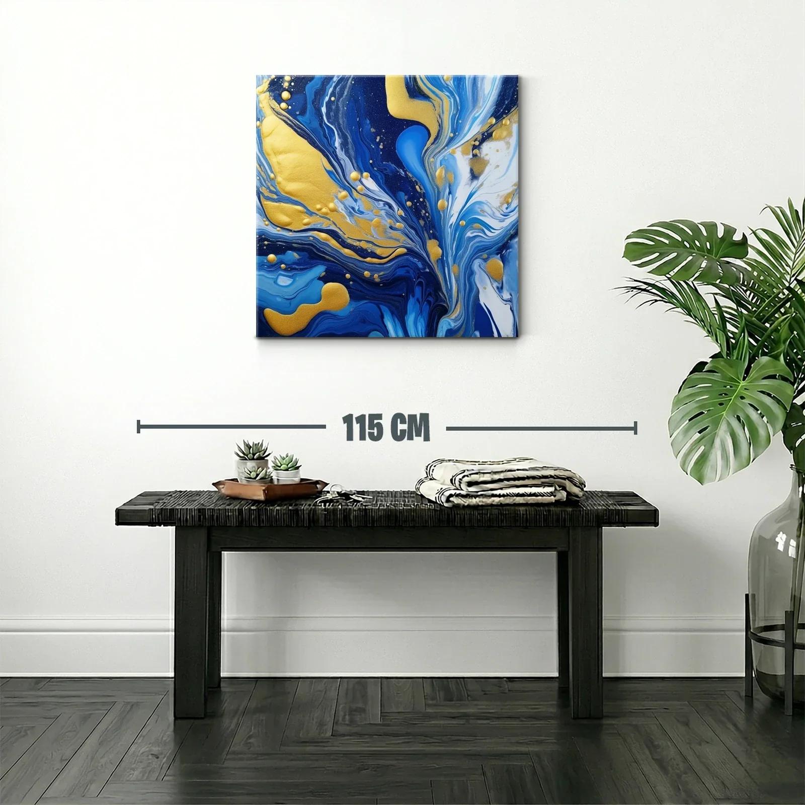 Cuadro abstracto en tonos azules con detalles dorados brillantes — miniatura 2