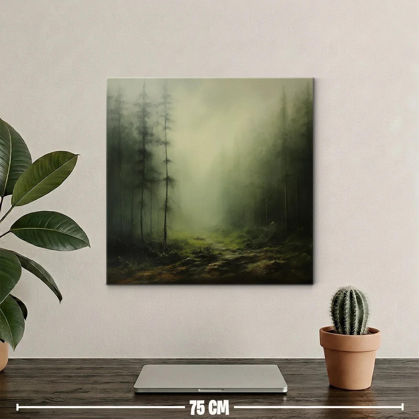 Paisaje nebuloso con bosque y camino en tonos verdes — miniatura 2