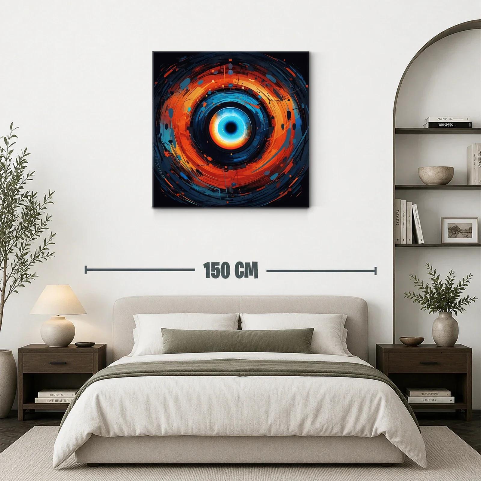Cuadro abstracto con espiral vibrante en tonos azules y naranjas — miniatura 3
