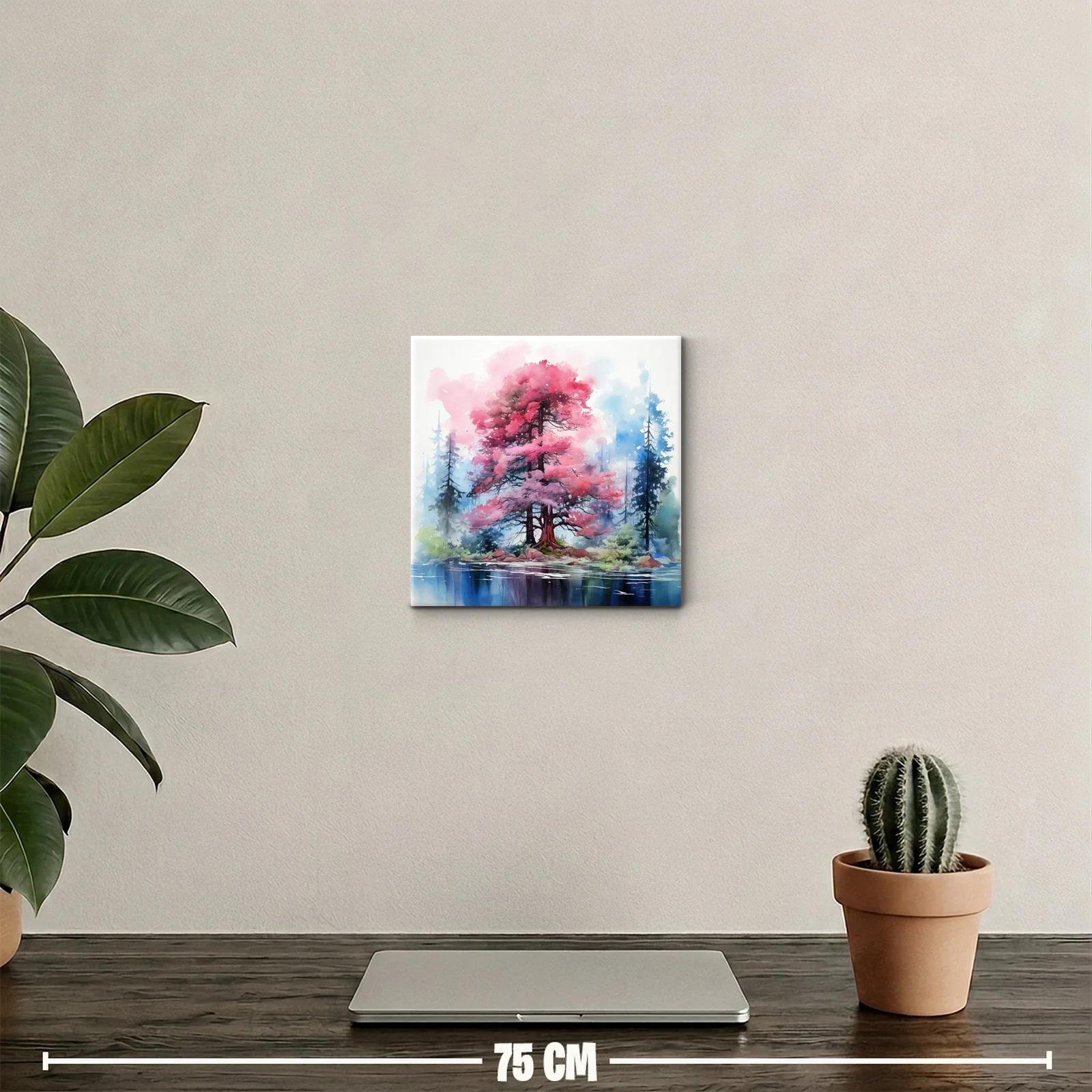 Árbol en tonos rosas y azules sobre lago sereno y bosques — miniatura 2