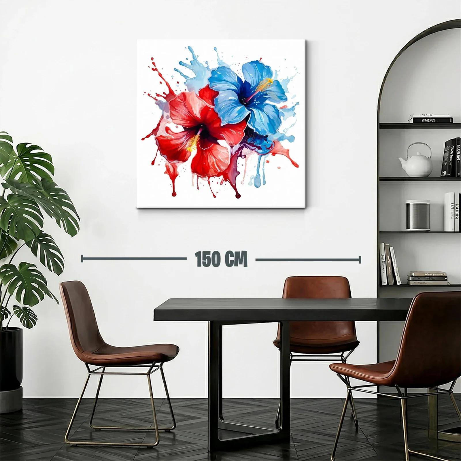 Cuadro moderno de flores hibisco en tonos rojo y azul — miniatura 2