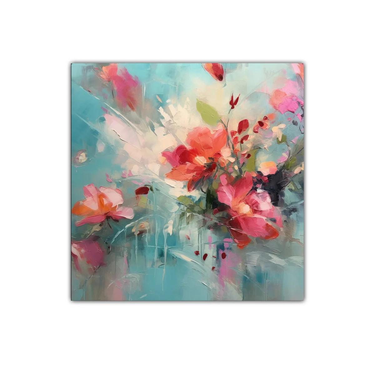 Cuadro con flores vibrantes en tonos coral y turquesa — imagen principal