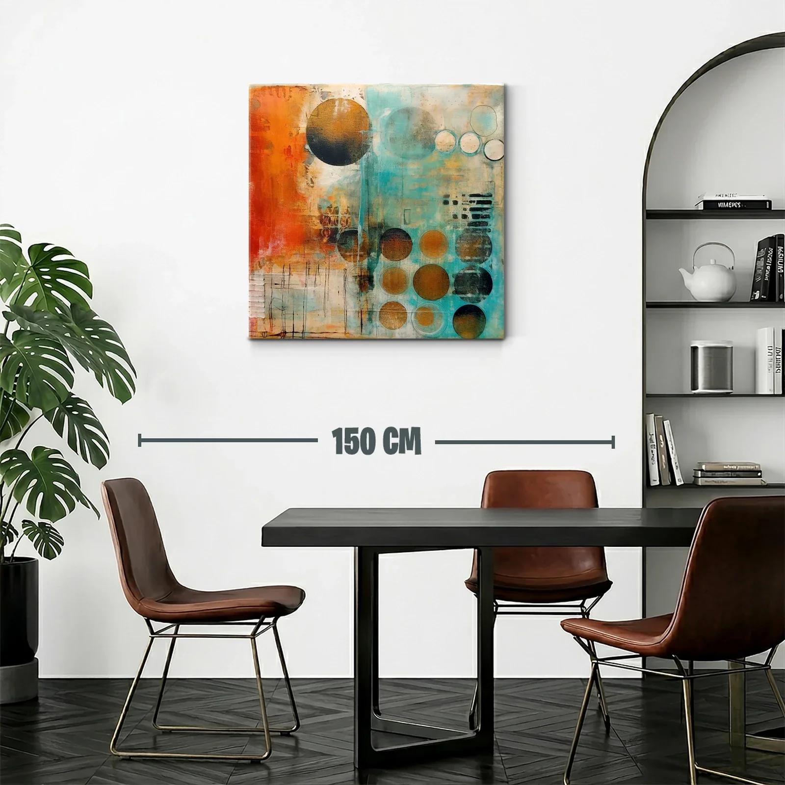Cuadro abstracto con círculos en tonos cálidos y turquesa — miniatura 2