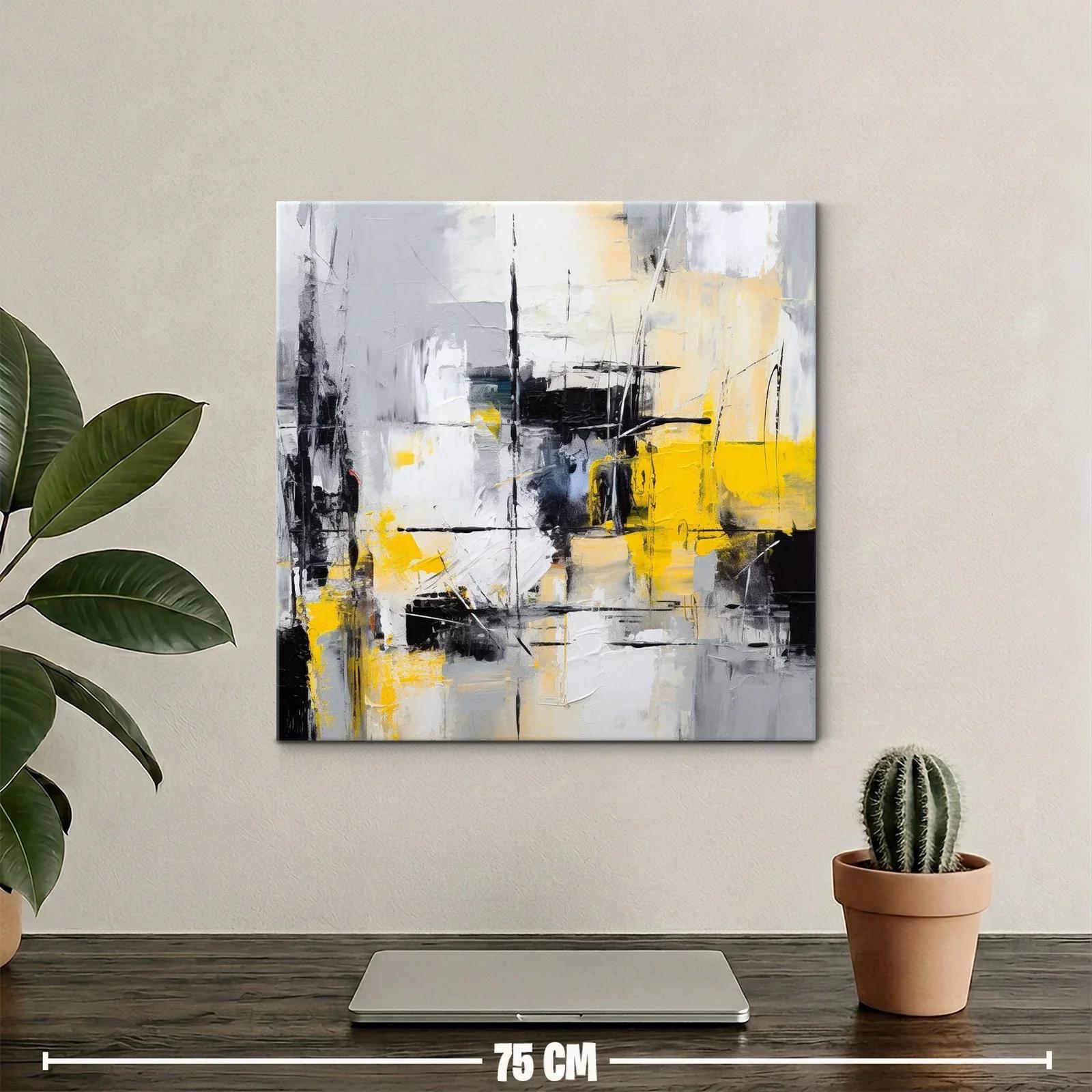 Cuadro abstracto con tonos grises, negros y amarillo vibrante — miniatura 2