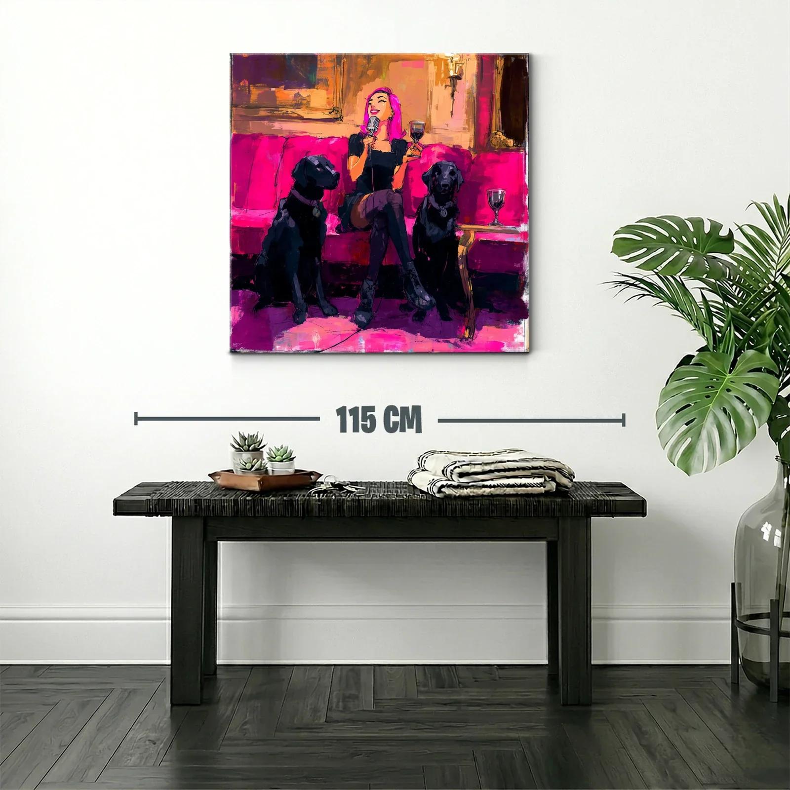 Divertida escena nocturna con mujer y perros en tonos fucsia — miniatura 2