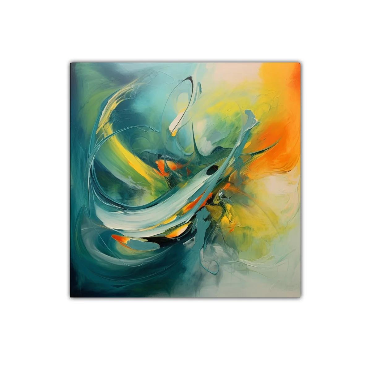 Cuadro abstracto con dinamismo en tonos verdes y naranjas — miniatura 1