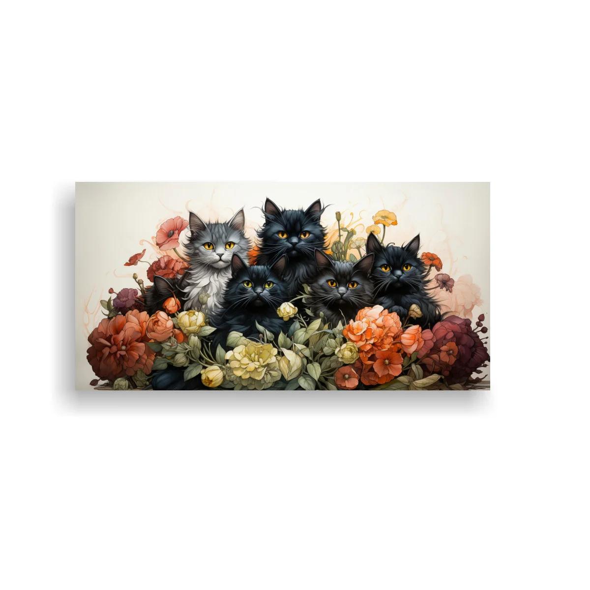 Cuadro grupo de gatos entre flores