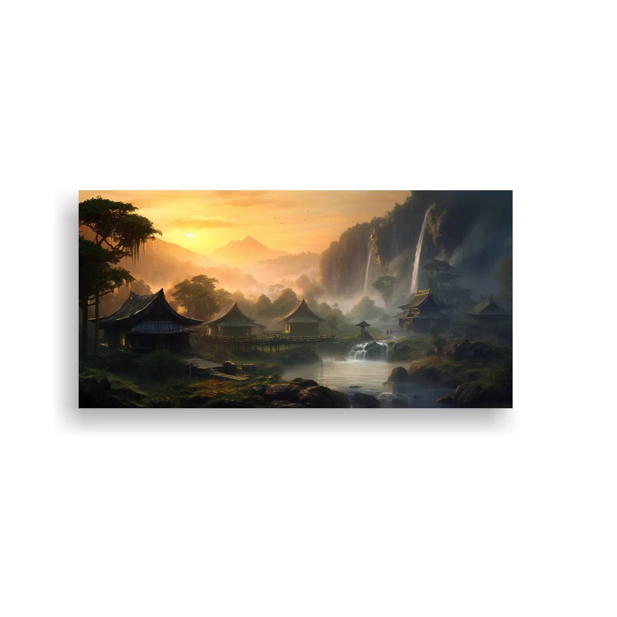 Cuadro paisaje asiático con templo y cascada