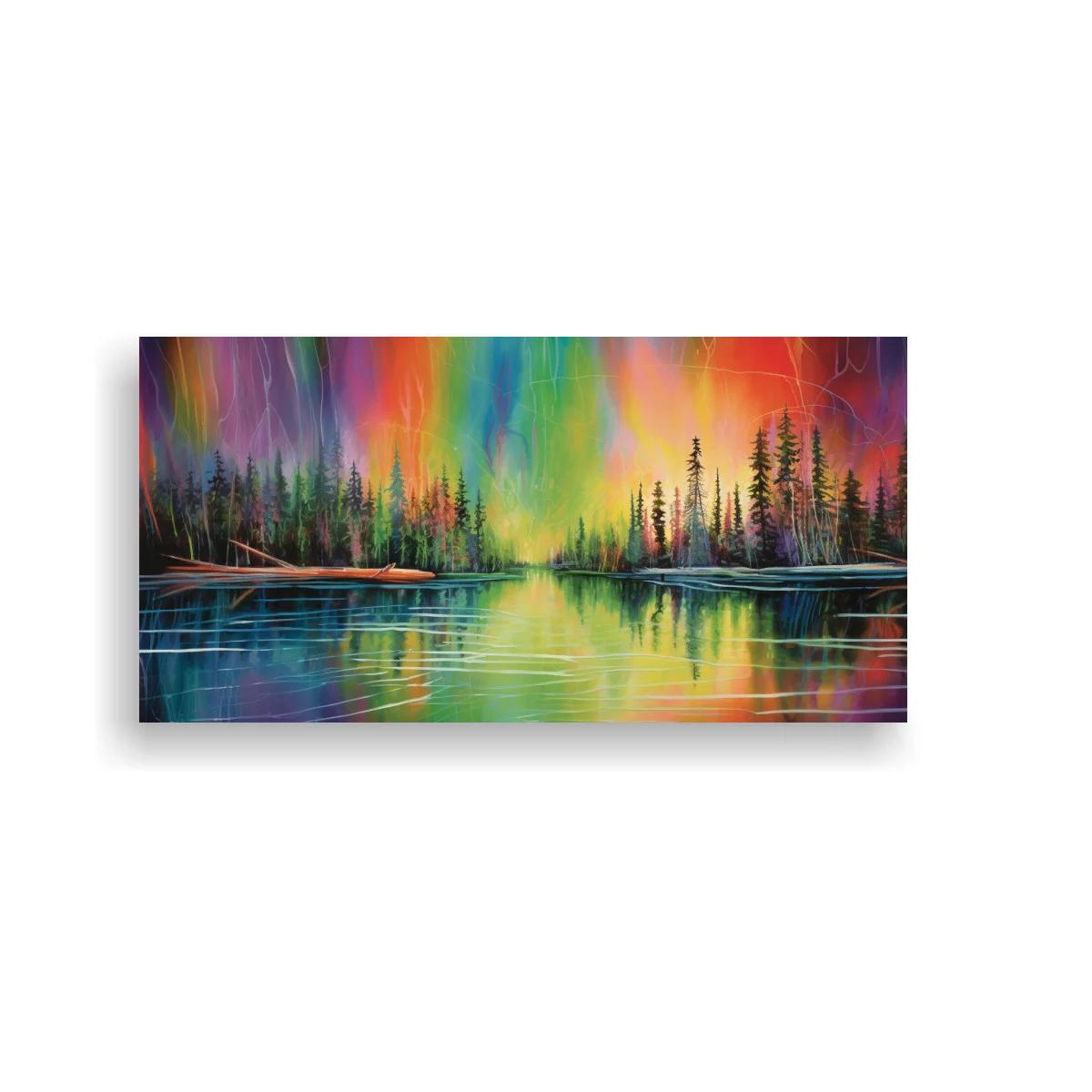 Cuadro aurora boreal sobre lago enmarcada por líneas de árboles — imagen principal