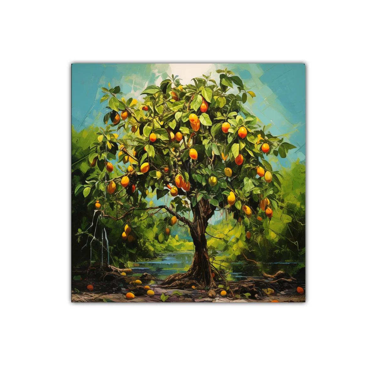 Árbol frutal con frutos naranjas vibrantes en paisaje natural