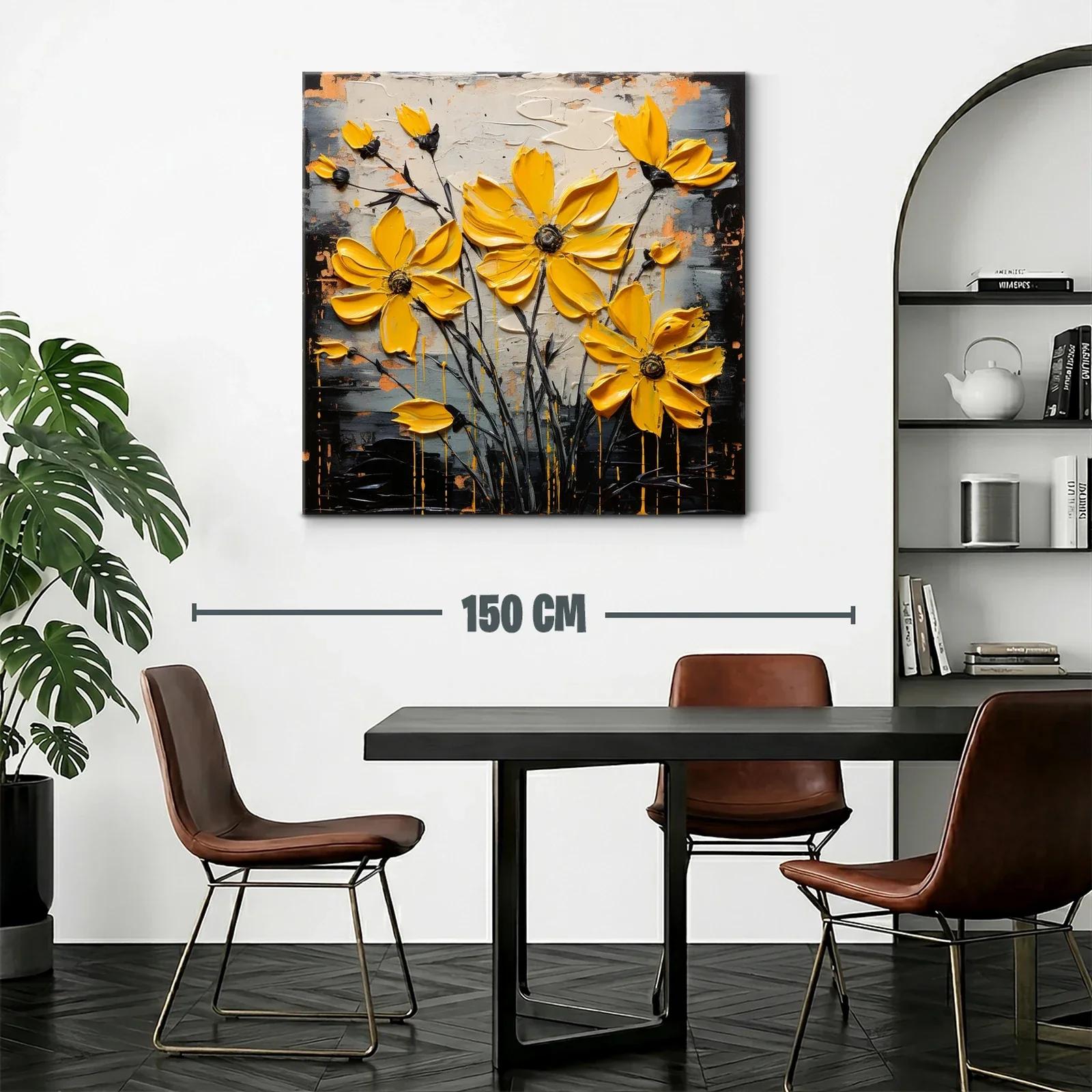 Cuadro moderno con flores amarillas vibrantes y fondo abstracto — miniatura 2