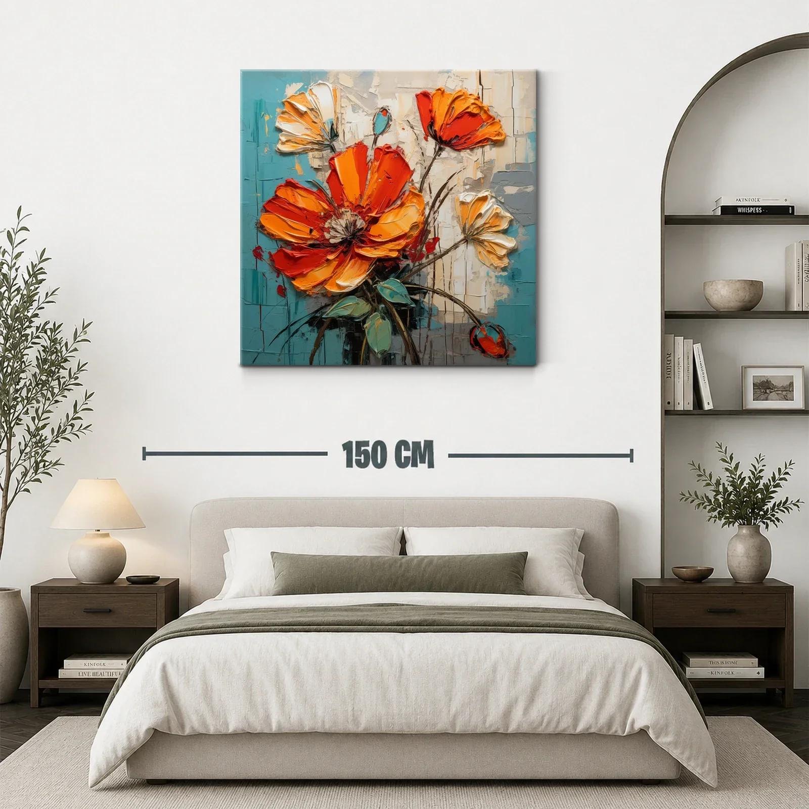 Cuadro floral con vibrantes tonos naranja y turquesa — miniatura 3