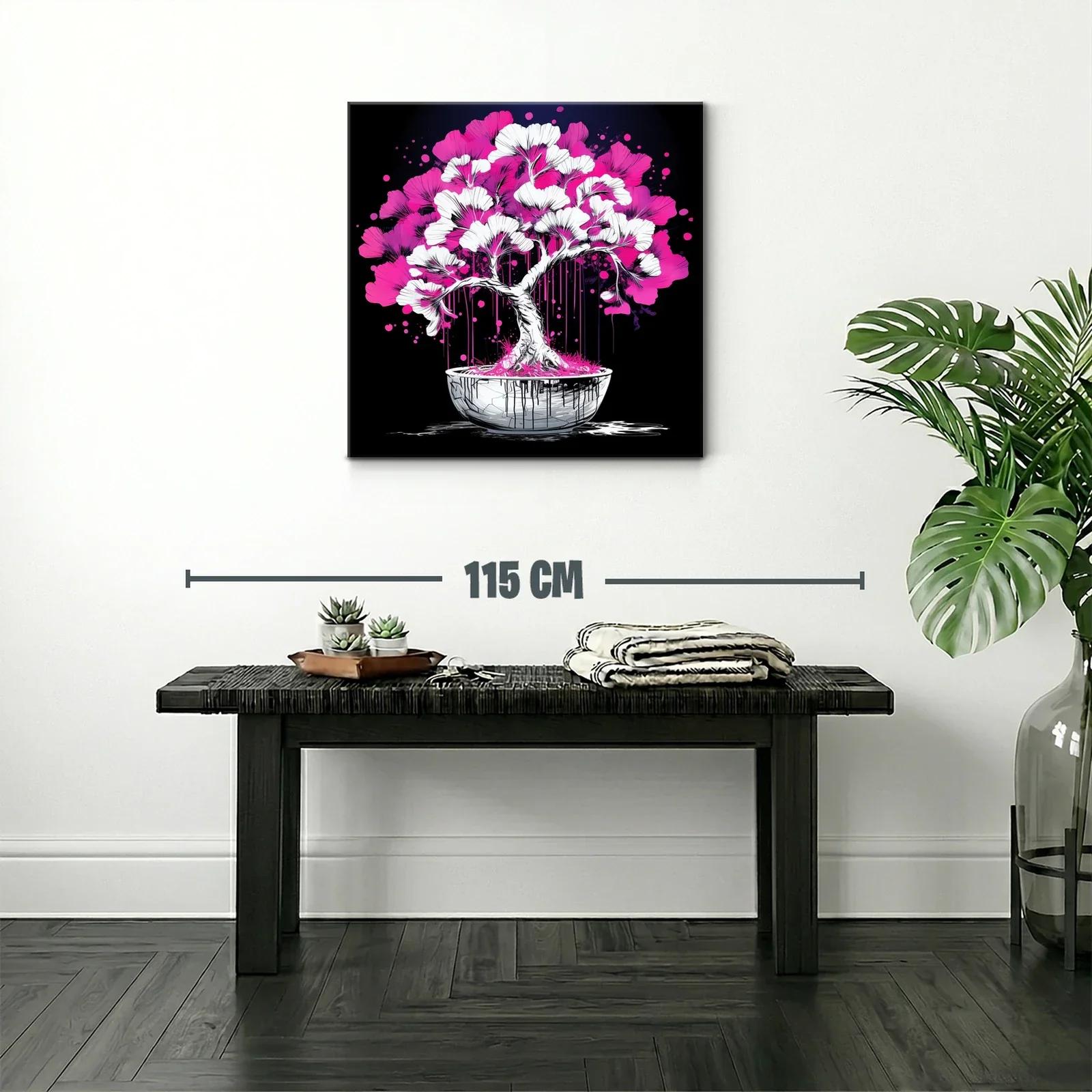 Árbol bonsái vibrante con flores rosa y blancas sobre fondo negro — miniatura 2
