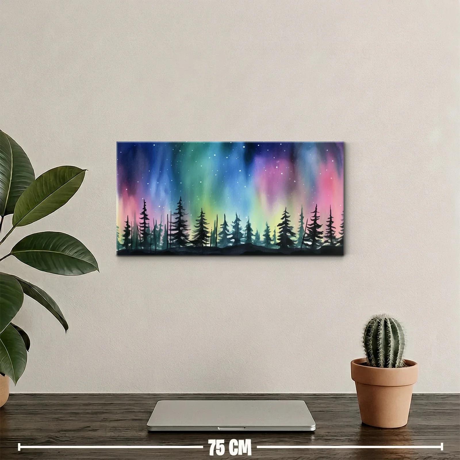 Cuadro aurora boreal sobre bosque de pinos con cielo luminoso — miniatura 2