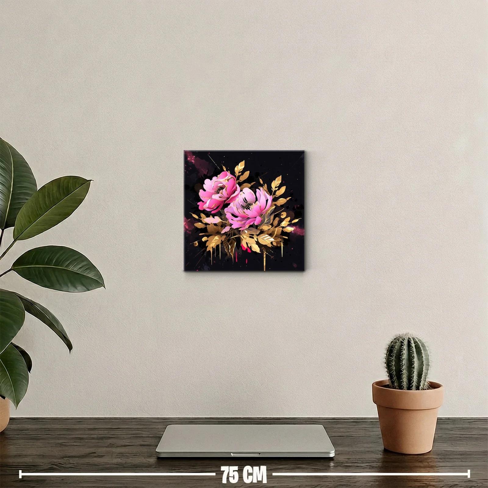 Exquisito cuadro floral con rosas rosas y hojas doradas — miniatura 2