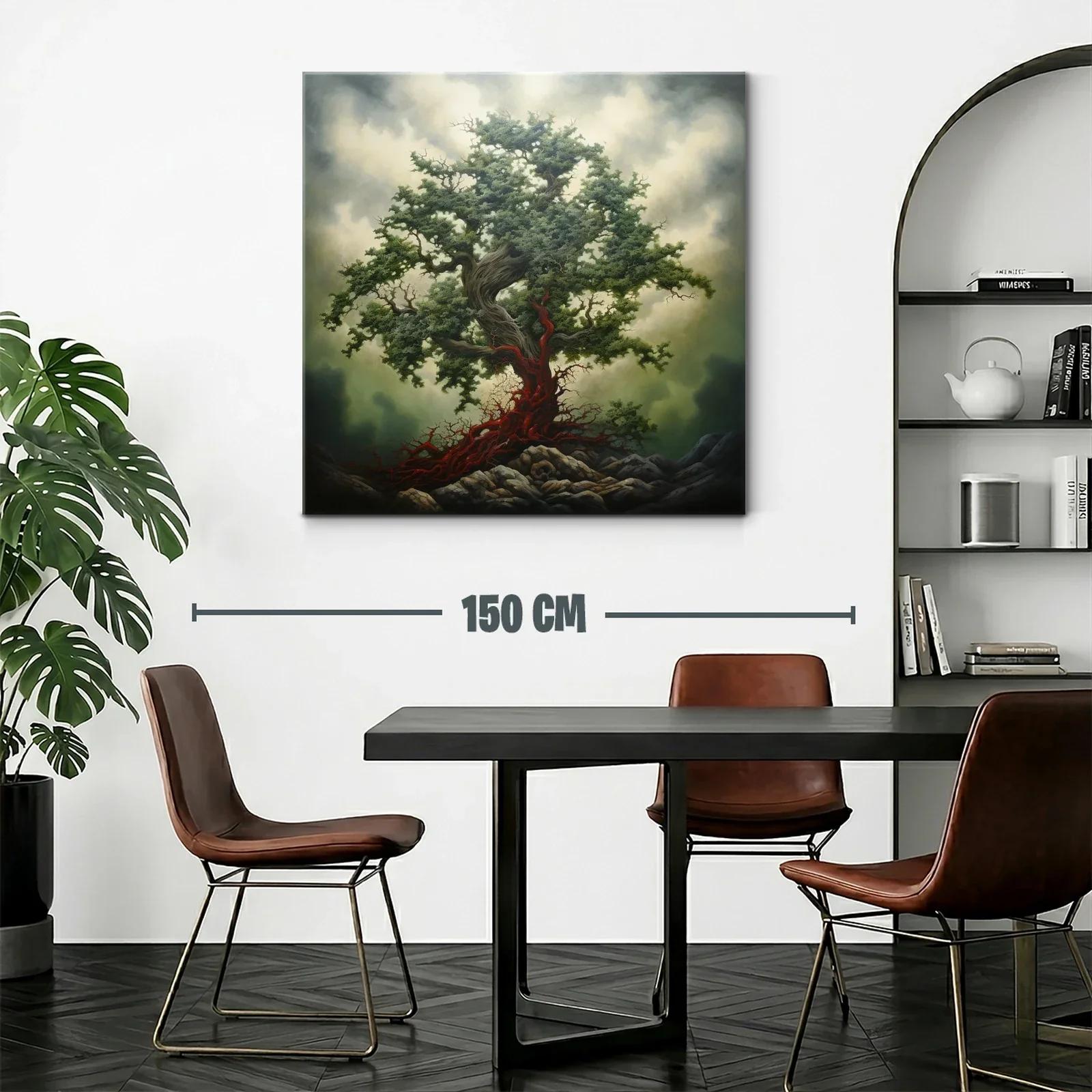 Árbol Imponente con Raíces Escarlata en Paisaje Dramático — miniatura 2