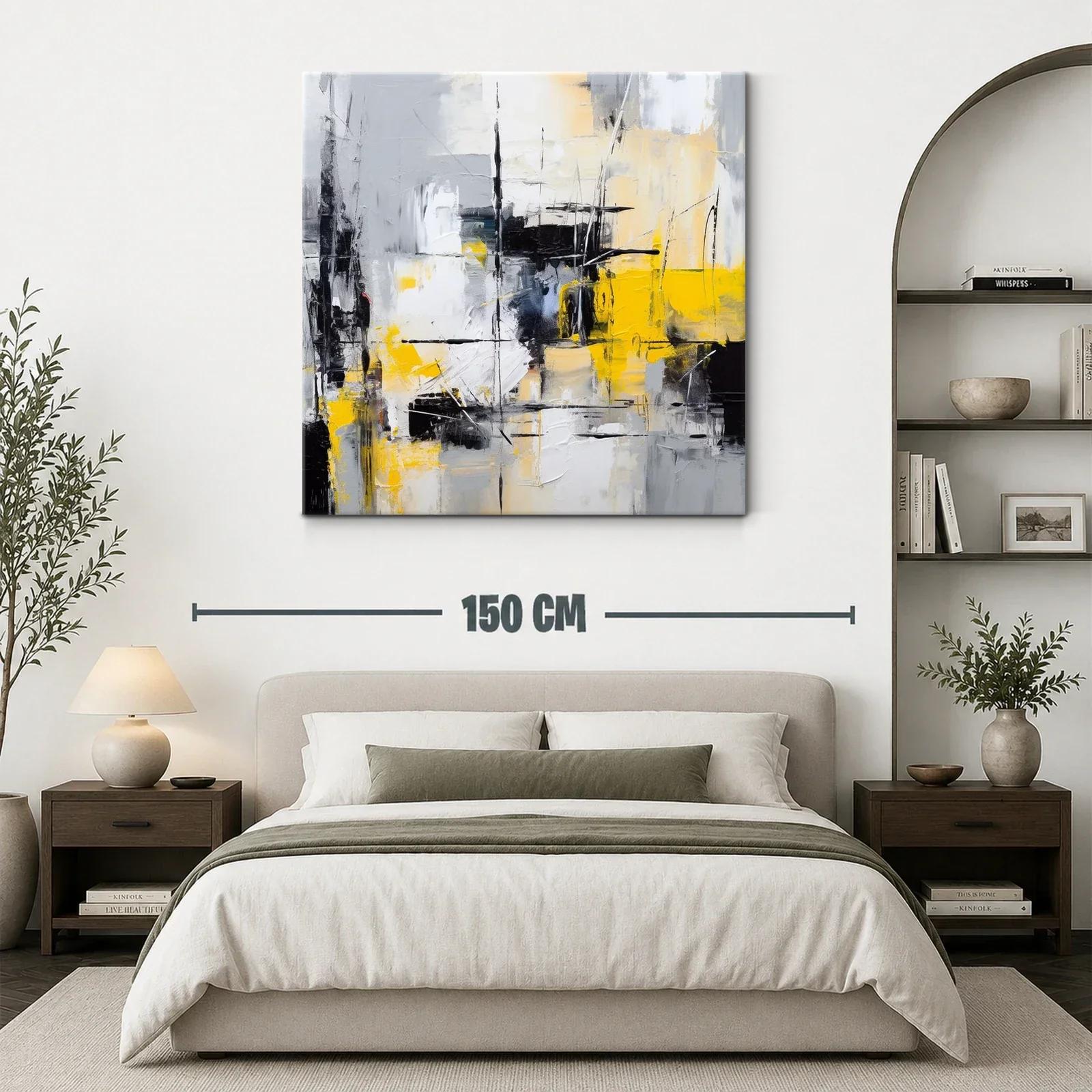 Cuadro abstracto con tonos grises, negros y amarillo vibrante — miniatura 3