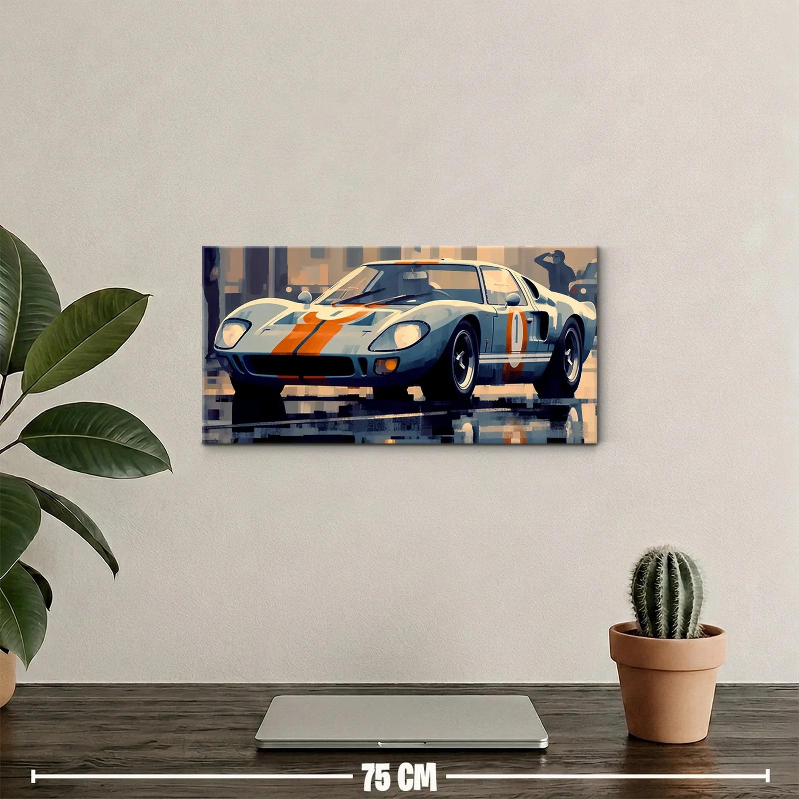 Cuadro coche de carreras clásico azul con franjas naranjas — miniatura 2