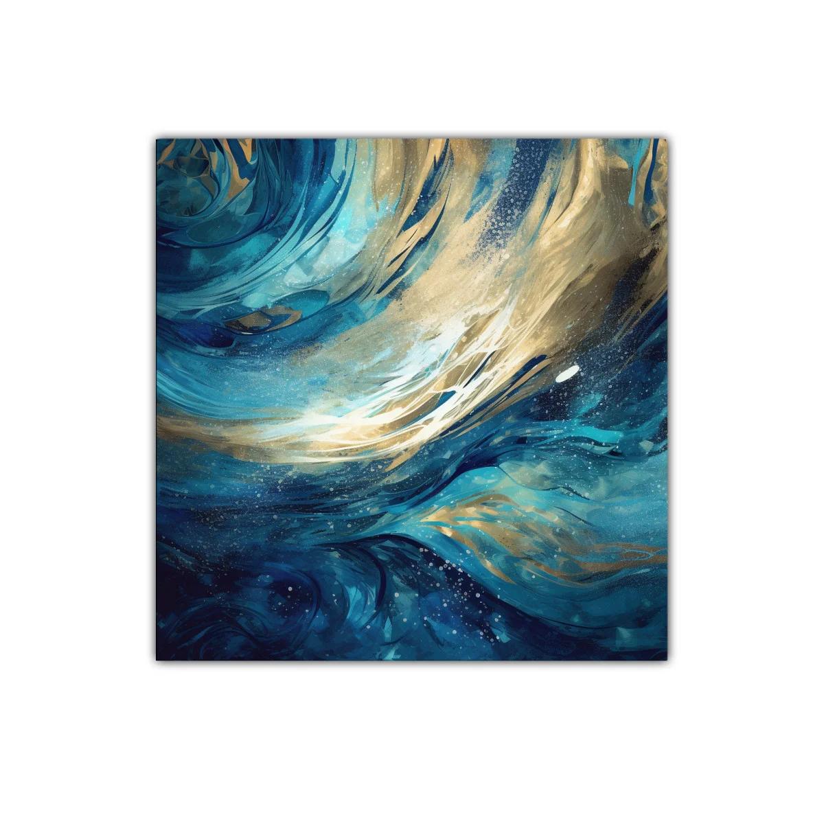 Cuadro abstracto con ondas dinámicas en tonos azul y dorado — miniatura 1