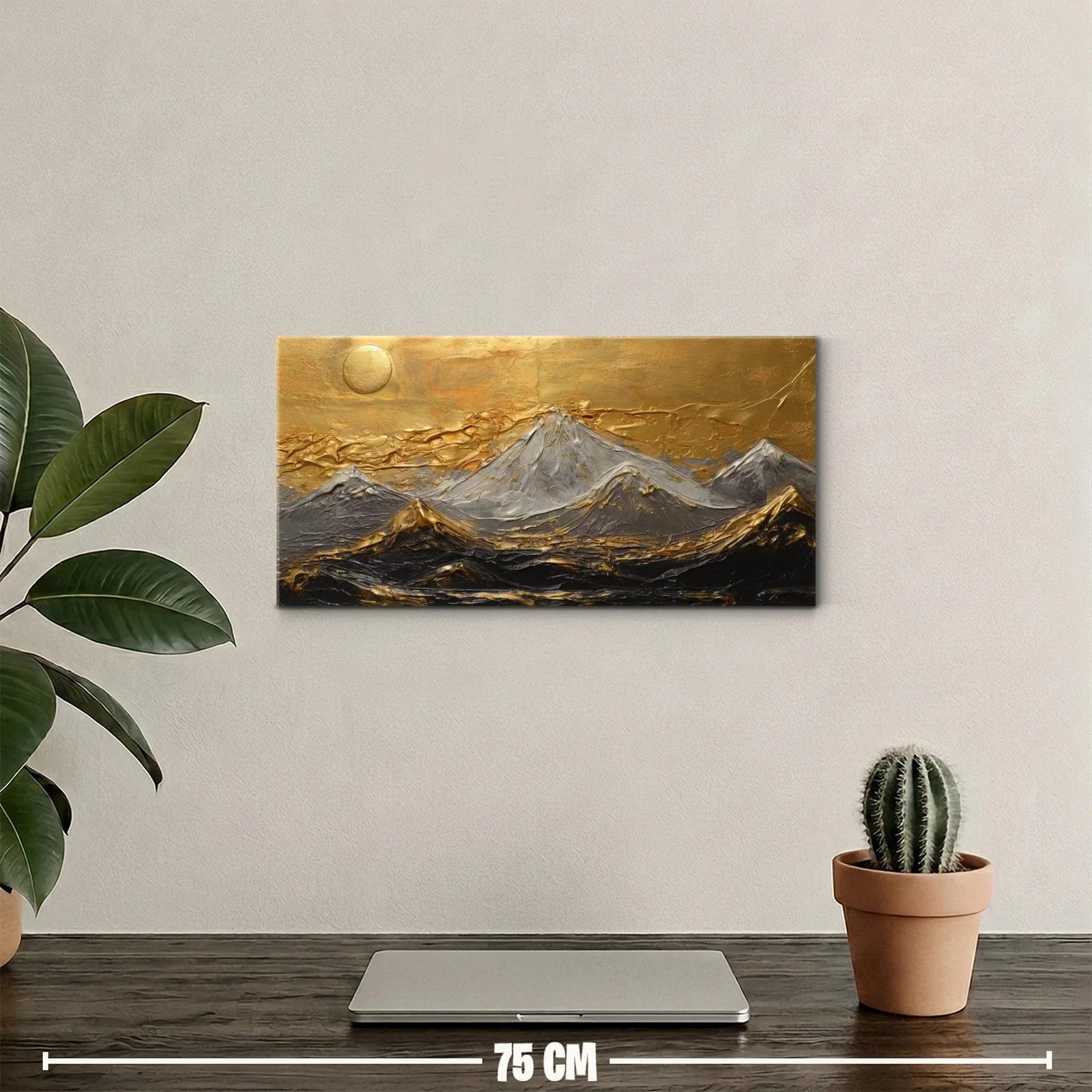 Cuadro cordillera nevada con sol dorado y textura espesa — miniatura 2