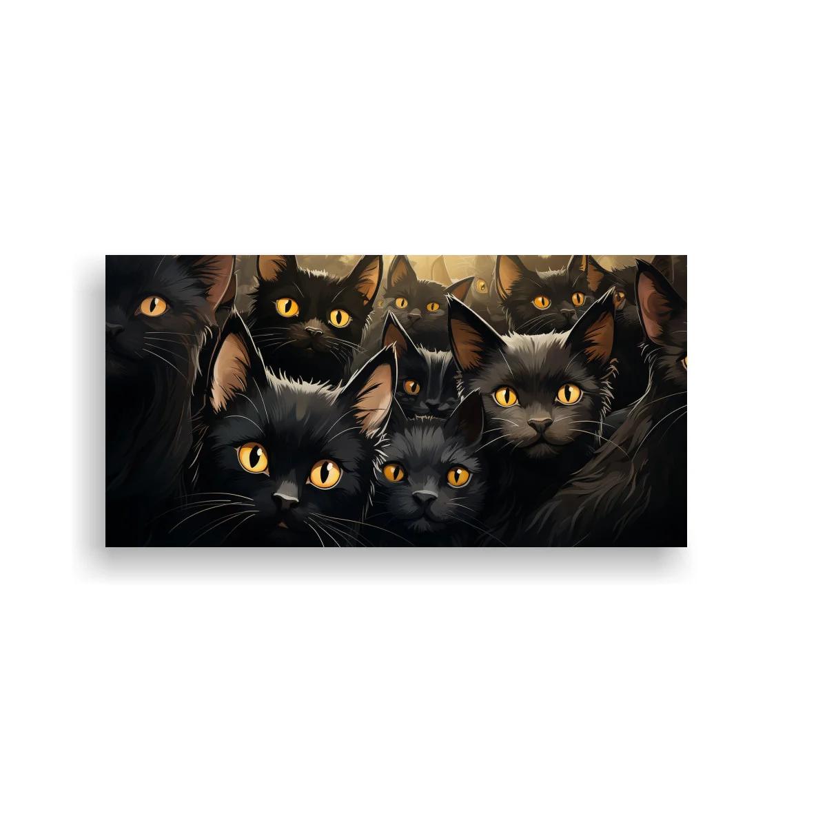 Cuadro grupo de gatos negros asomando sus rostros desde un fondo
