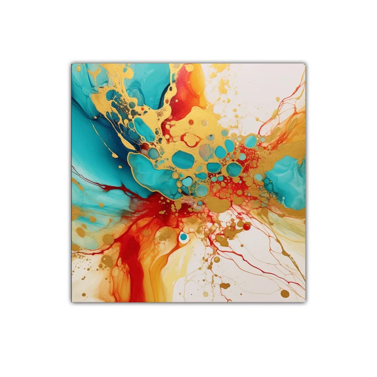 Cuadro abstracto con explosión de colores vibrantes dorados y turquesas — miniatura 1