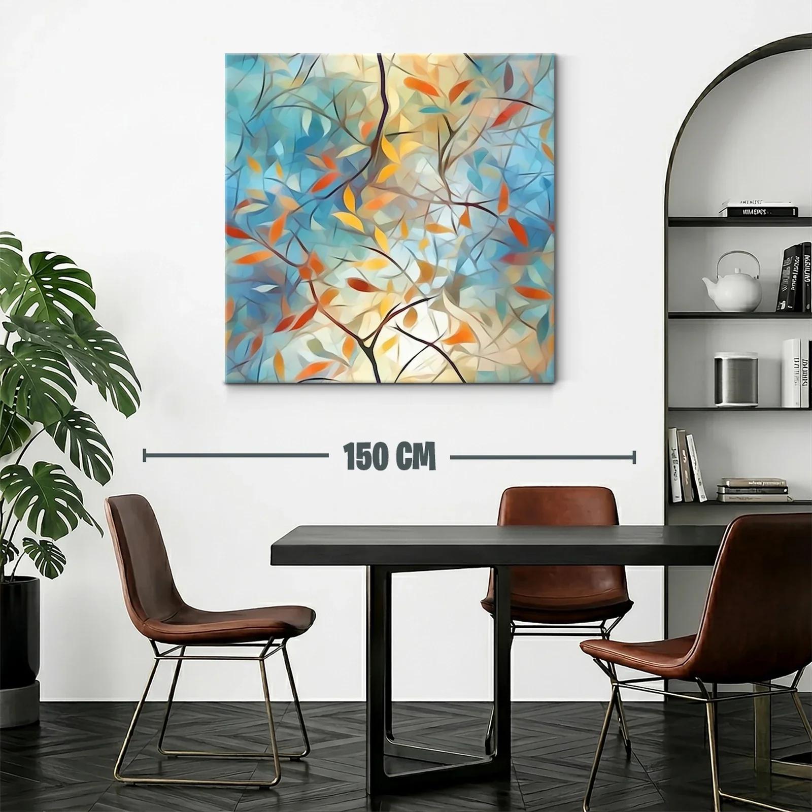 Cuadro abstracto con ramas y hojas en tonos cálidos y azules — miniatura 2