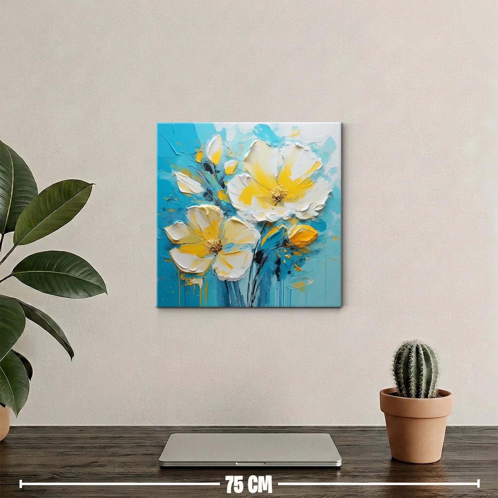 Cuadro floral en tonos amarillos y azul turquesa vibrante — miniatura 2