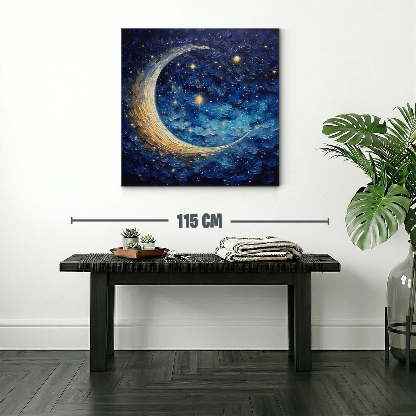 Cielo estrellado con luna creciente en tonos azul y dorado — miniatura 2
