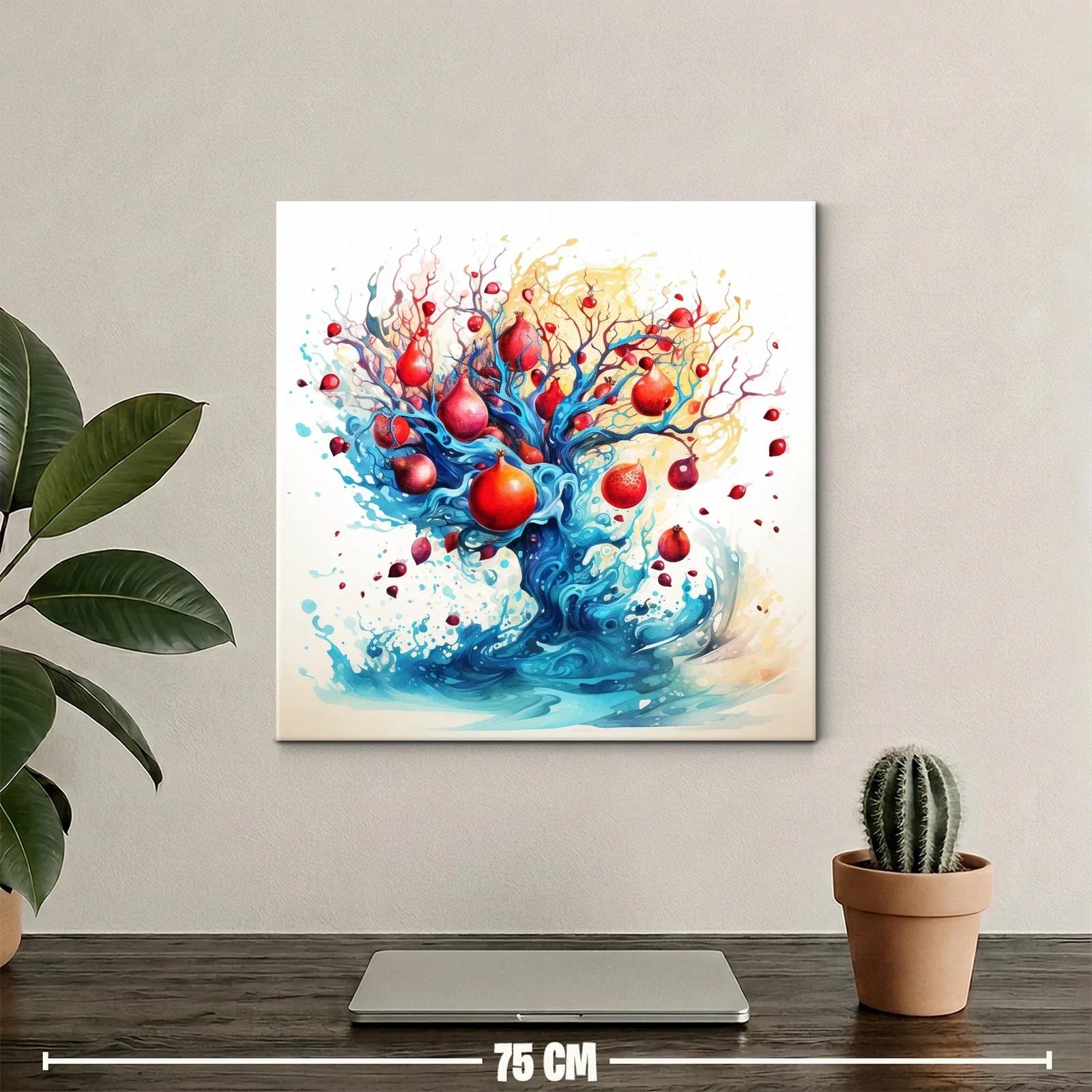 Cuadro artístico con árbol de granadas vibrantes y flujo azul — miniatura 2