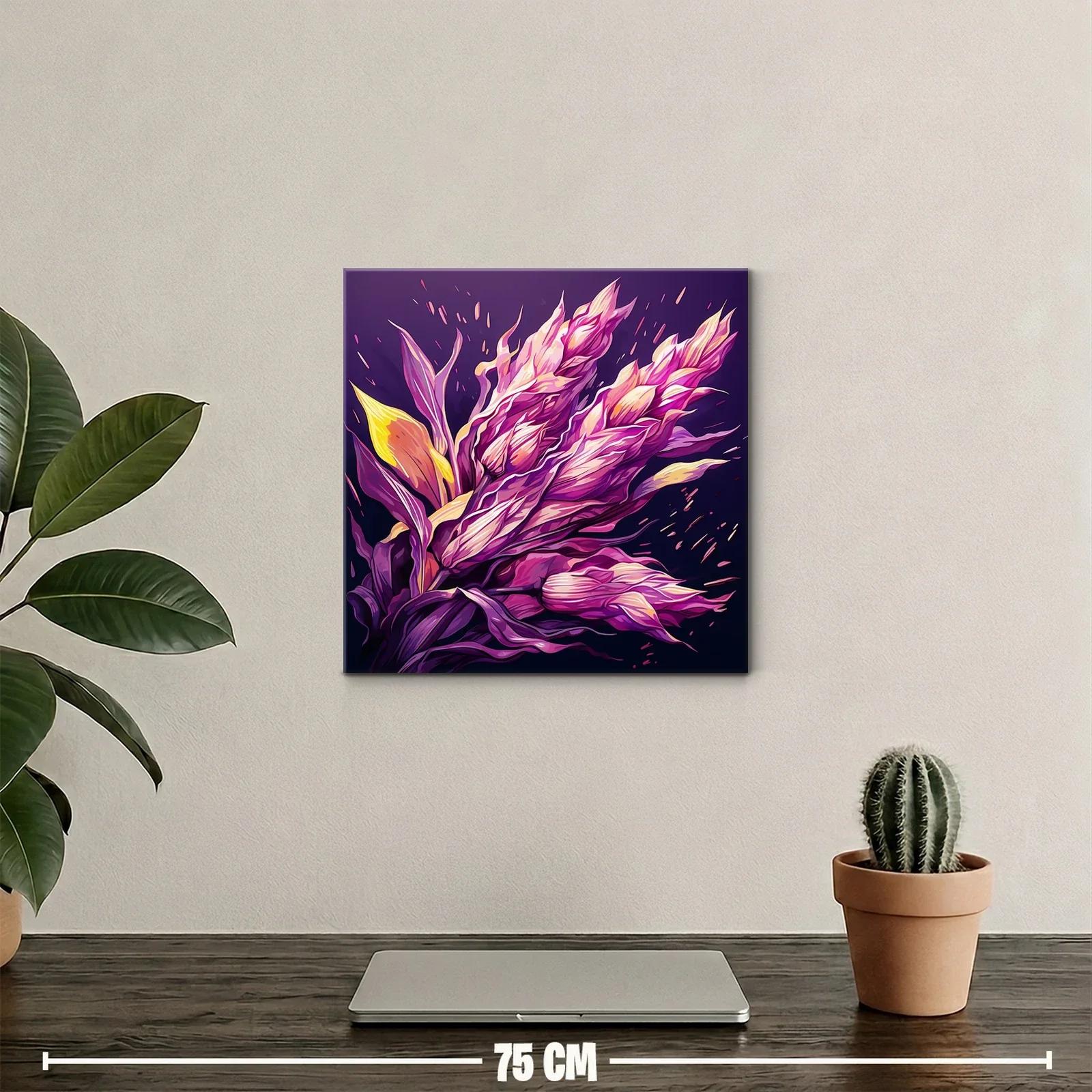 Cuadro floral vibrante con tonos púrpuras y amarillos — miniatura 2