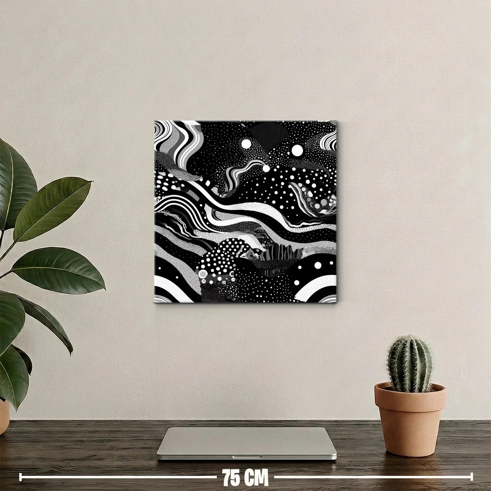 Cuadro abstracto en blanco y negro con formas y puntos dinámicos — miniatura 2