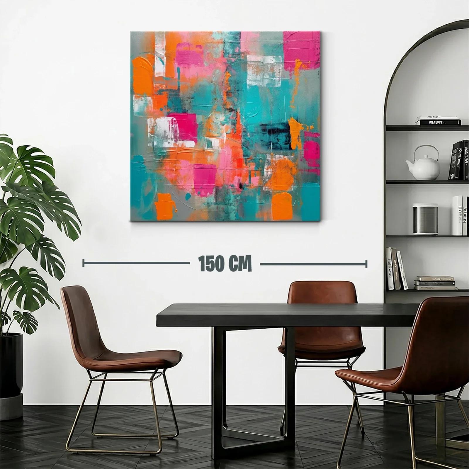 Cuadro abstracto con vibrantes tonos turquesa naranja y rosa — miniatura 2