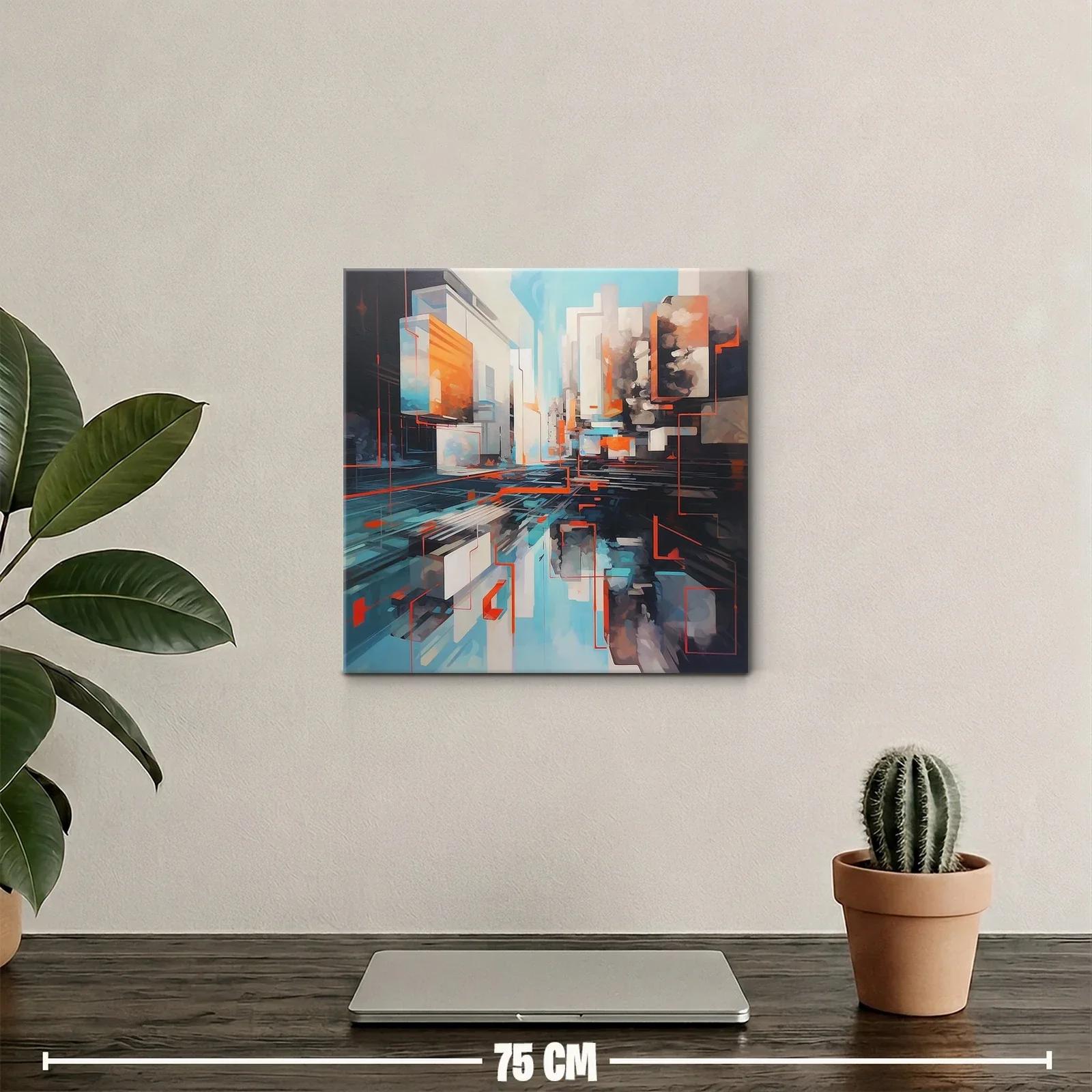 Cuadro abstracto urbano en tonos azules y naranjas vibrantes — miniatura 2
