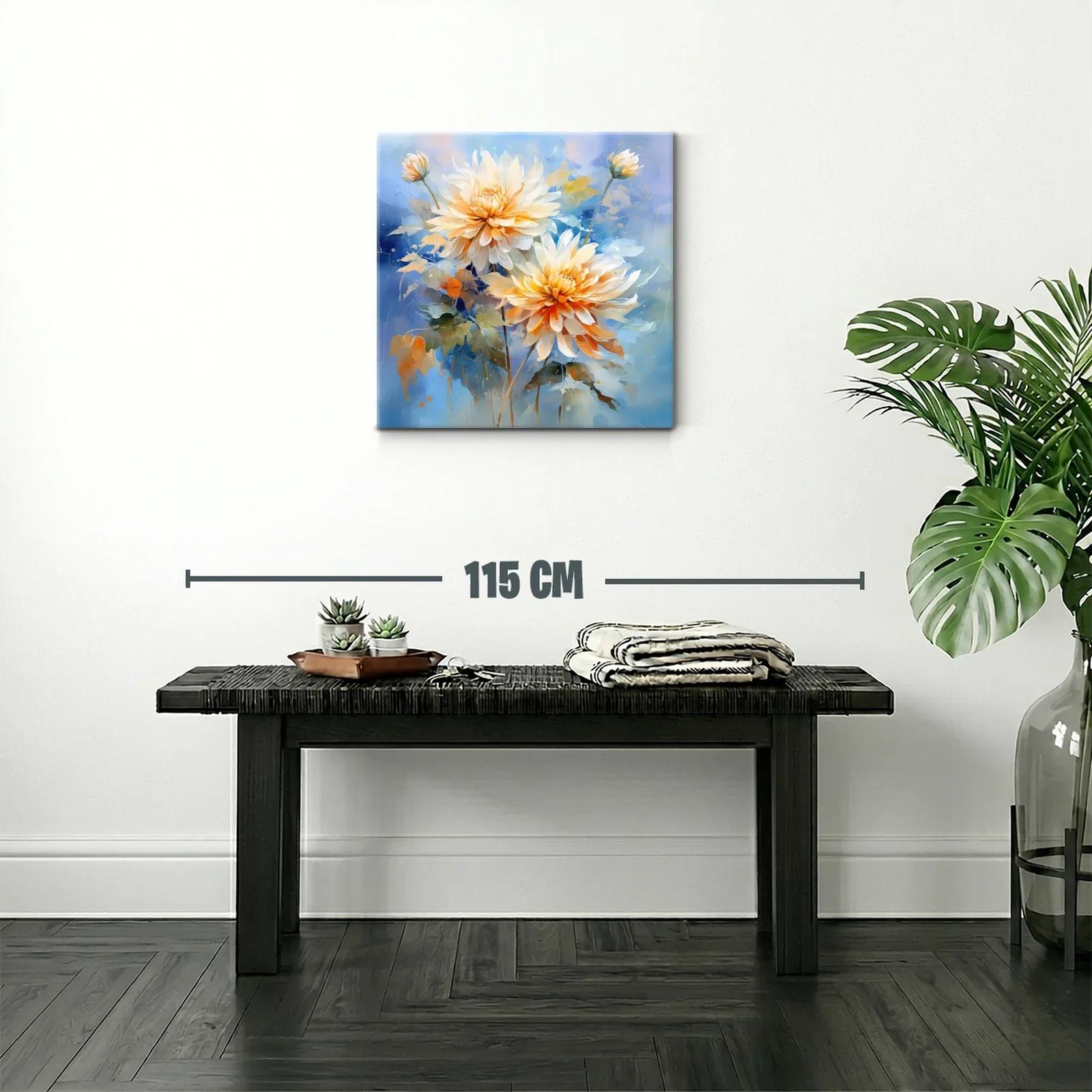 Cuadro floral con dalias en tonos cálidos y fondo azul — miniatura 2