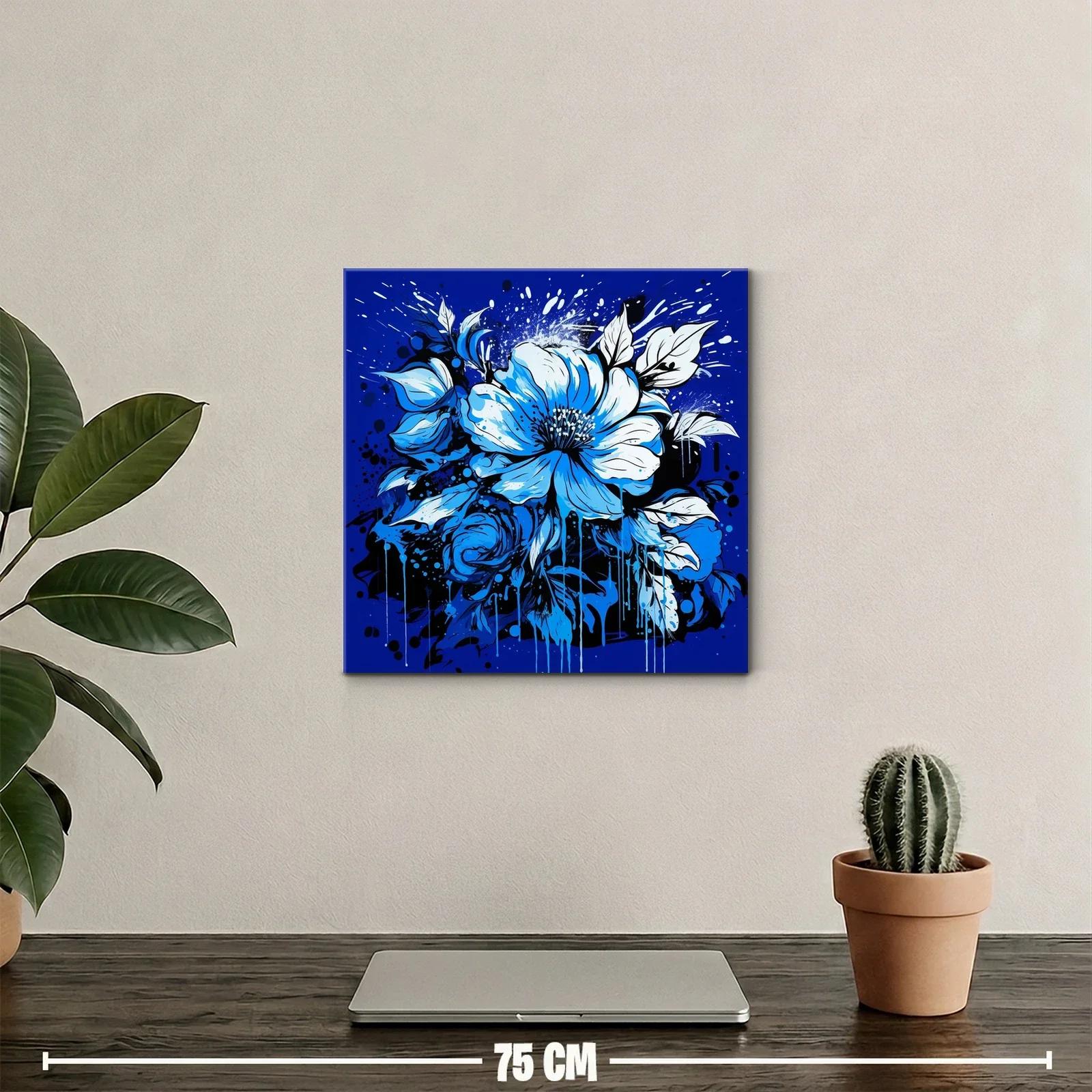 Cuadro floral vibrante en tonos azules intensos y negros — miniatura 2