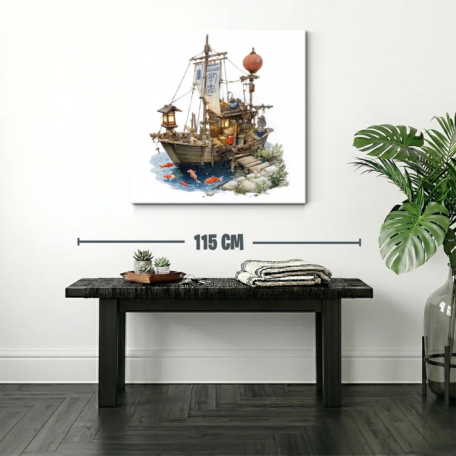 Barco tradicional con linternas y peces en agua tranquila — miniatura 2