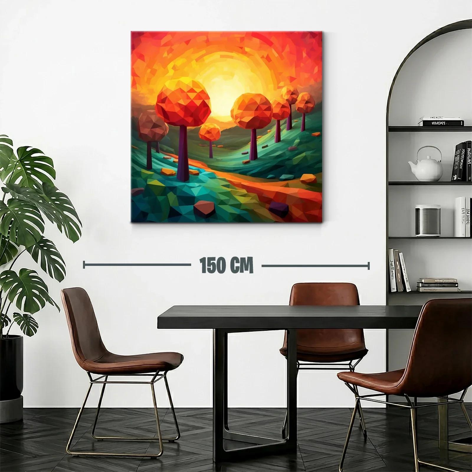 Paisaje geométrico con árboles naranjas al atardecer — miniatura 2