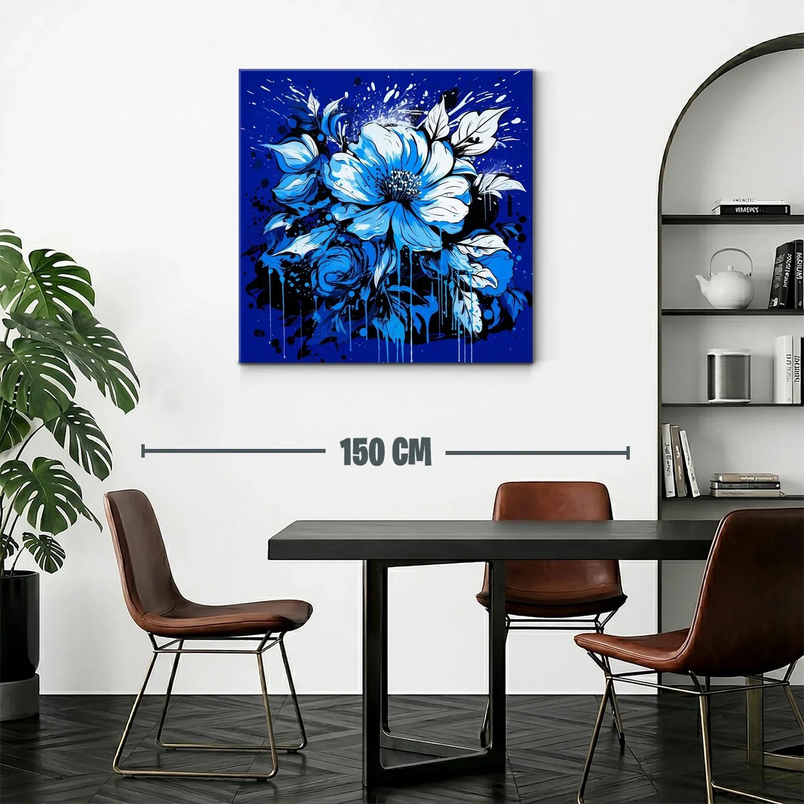 Cuadro floral vibrante en tonos azules intensos y negros — miniatura 2