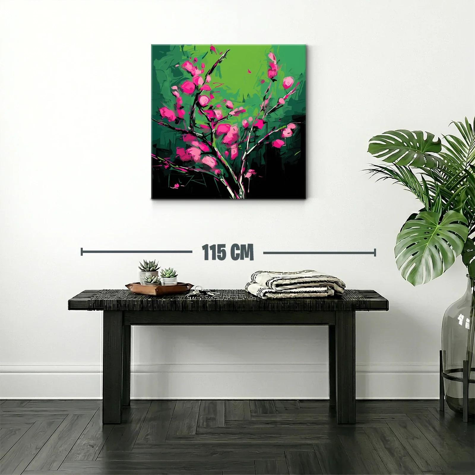 Cuadro vibrante con flores fucsias sobre fondo verde — miniatura 2