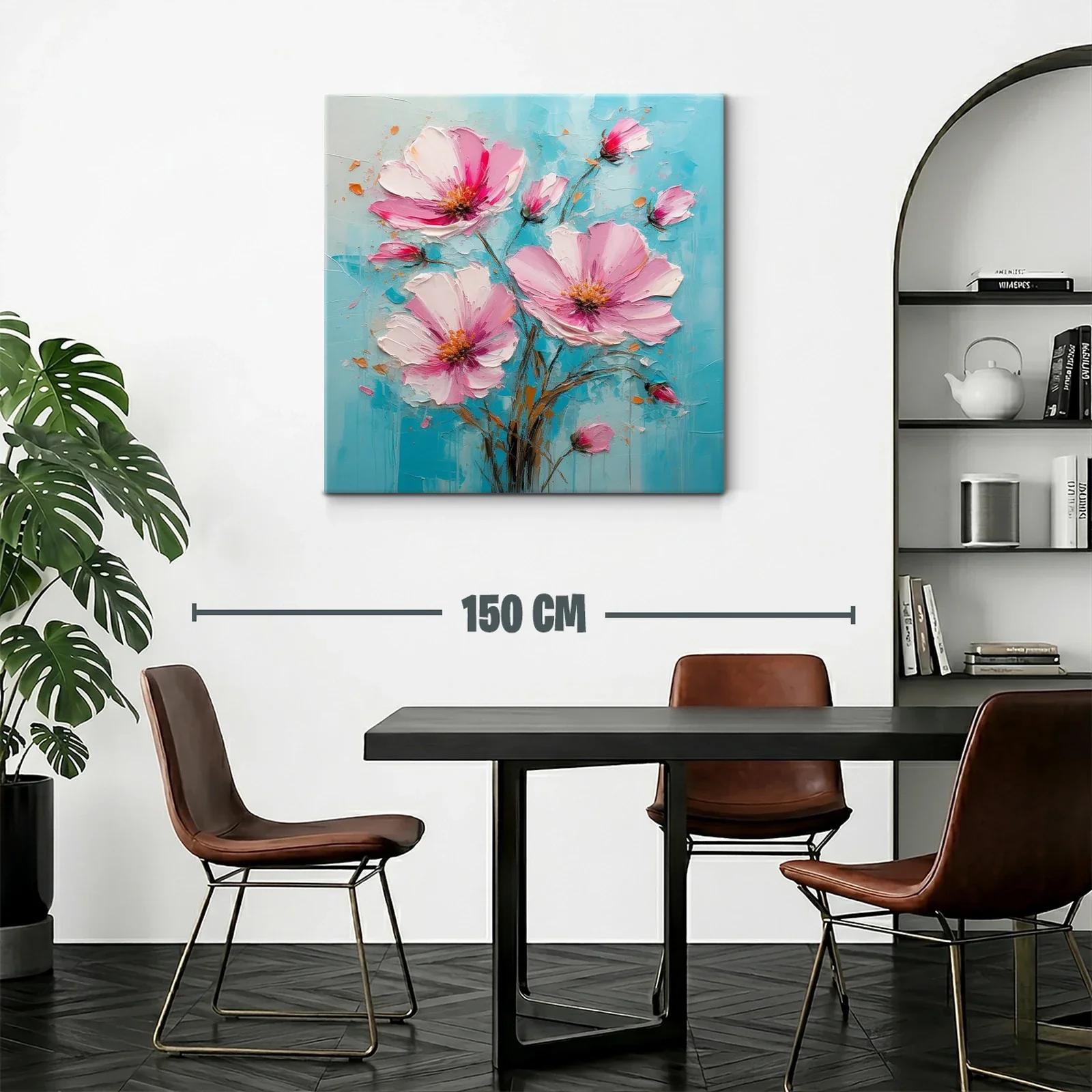 Cuadro flores rosas sobre fondo azul vibrante y texturizado — miniatura 2