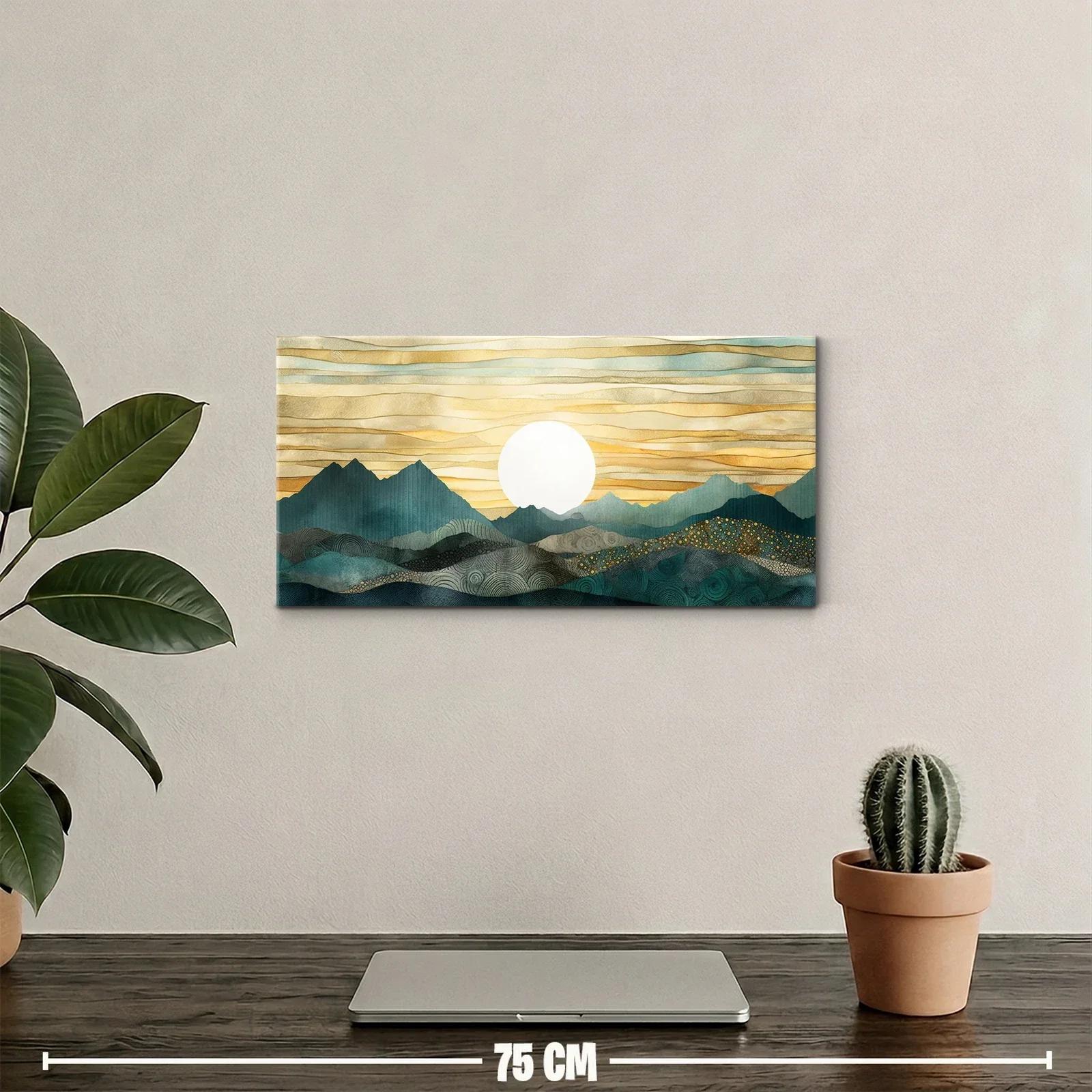 Cuadro paisaje de montañas al atardecer con sol redondo — miniatura 2