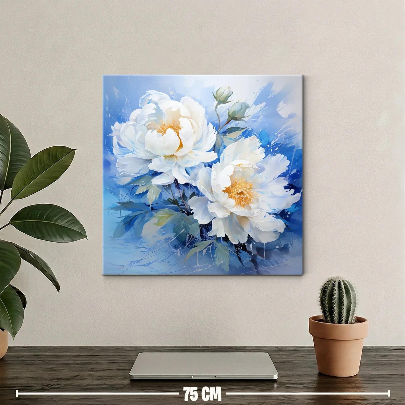 Cuadro floral con peonías blancas sobre fondo azul — miniatura 2