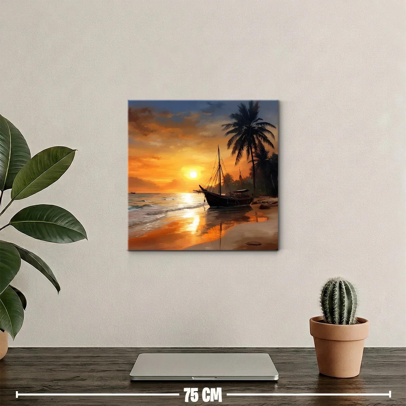 Atardecer en la playa con barco y palmeras — miniatura 2