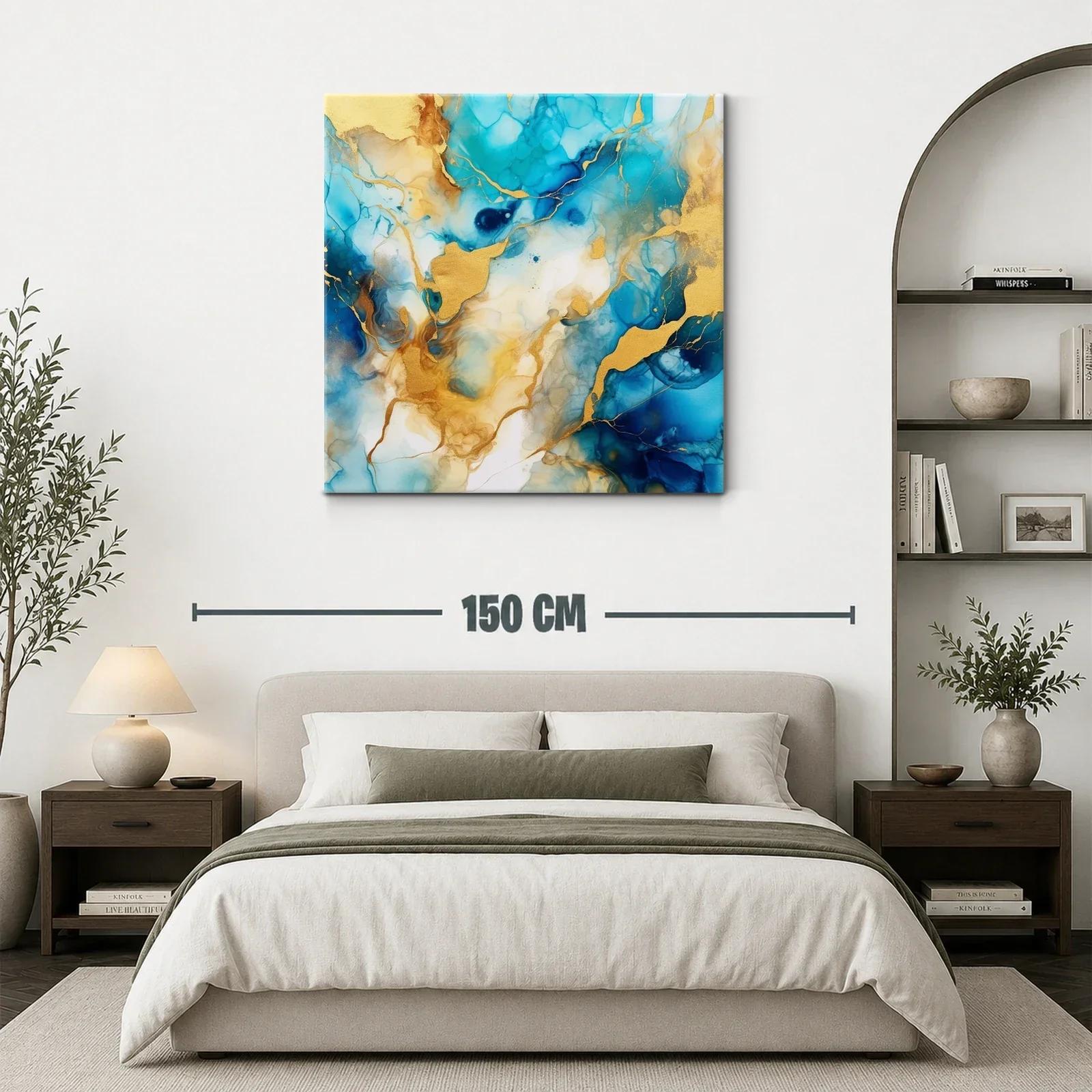 Cuadro abstracto con tonos azules y dorados vibrantes — miniatura 3