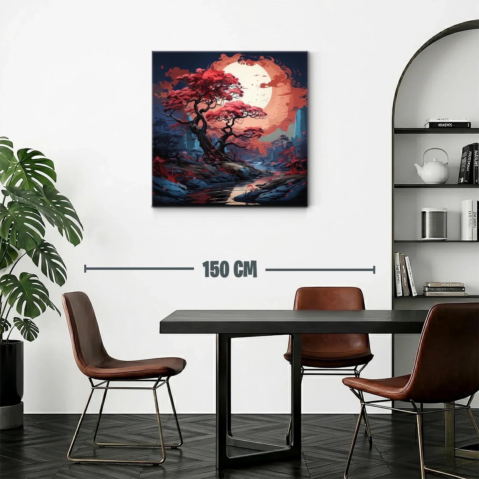 Paisaje mágico con árbol rojo bajo una luna enorme — miniatura 2