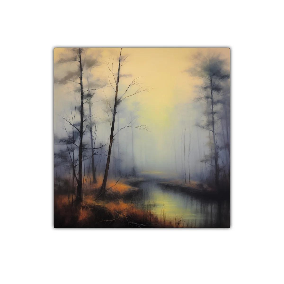 Paisaje brumoso con árboles y río reflejando luz tenue — miniatura 1