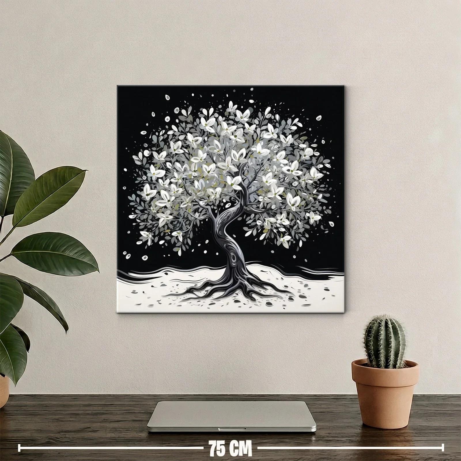 Árbol florecido en tonos blancos y grises sobre fondo oscuro — miniatura 2