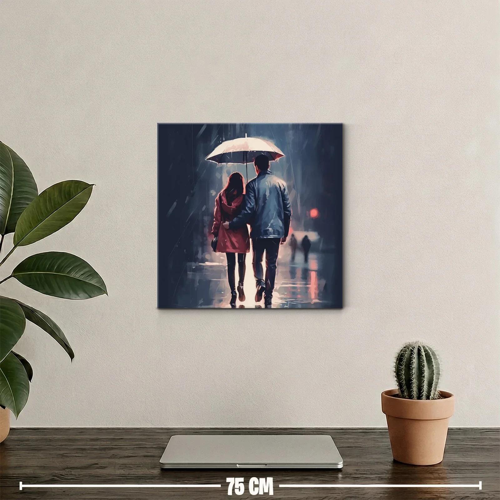 Pareja caminando bajo la lluvia con paraguas blanco — miniatura 2